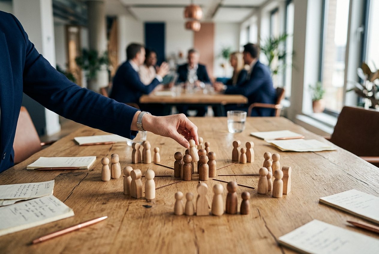 Holzfiguren als Organisationsaufstellung auf einem Konferenztisch