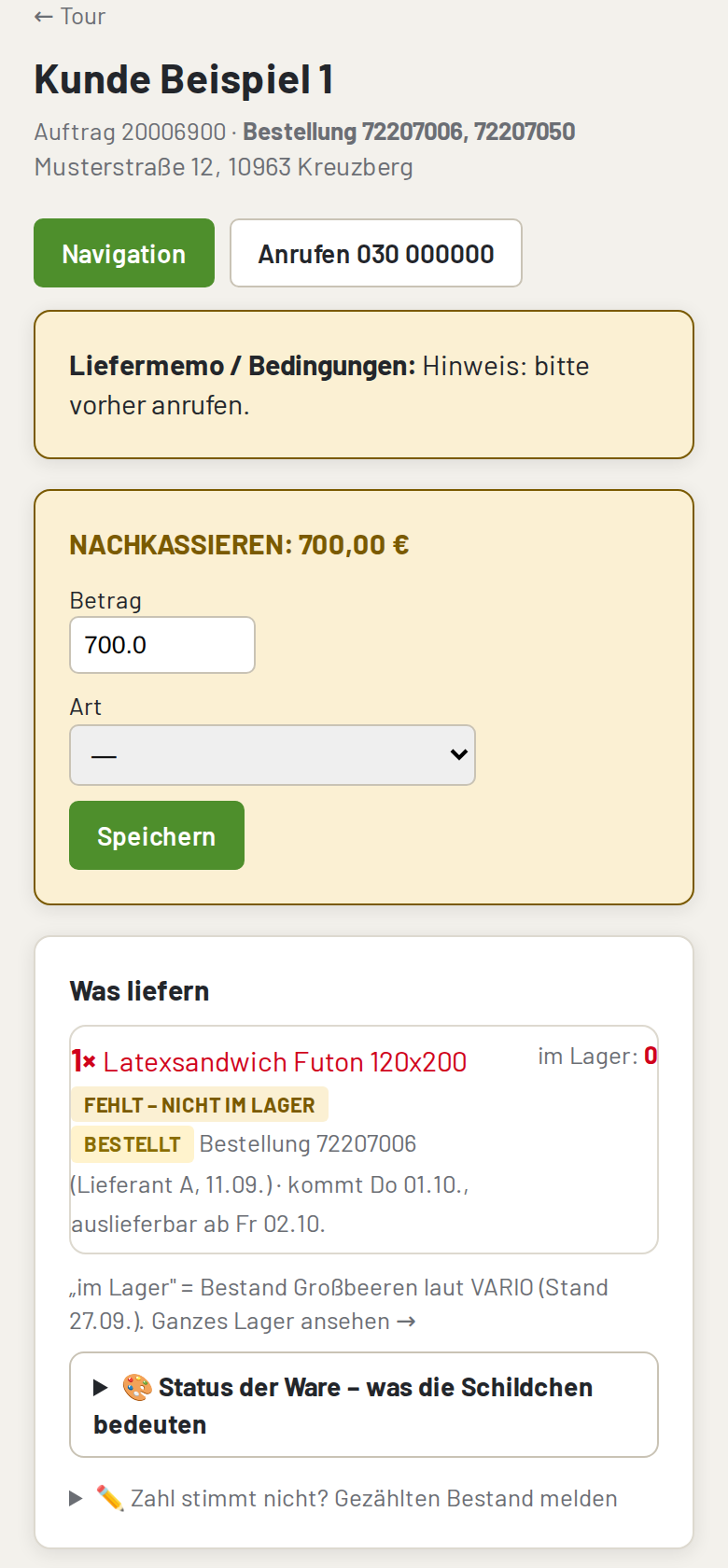 Mobile Fahreransicht der Etage7-Logistik mit Warenstatus und Rückmelde-Knöpfen
