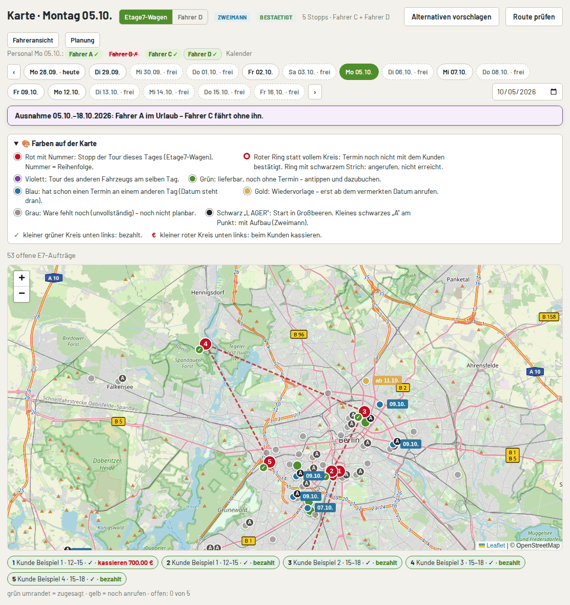 Tageskarte der Etage7-Logistik: Tourstopps mit Route ab Lager und alle offenen Aufträge nach Status
