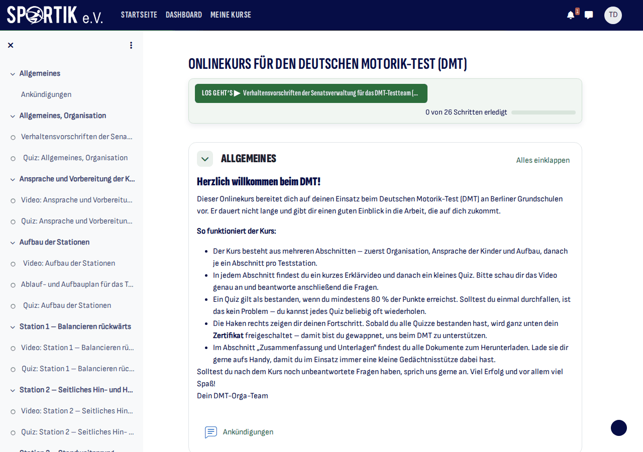Course overview in the Sportik Campus: online course for the German Motor Skills Test with a section per test station