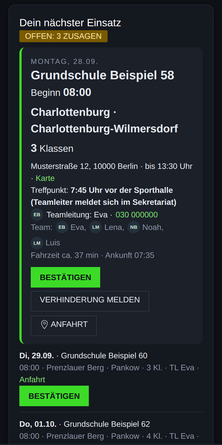 Mobile staff view of the Sportik app with assignment confirmation