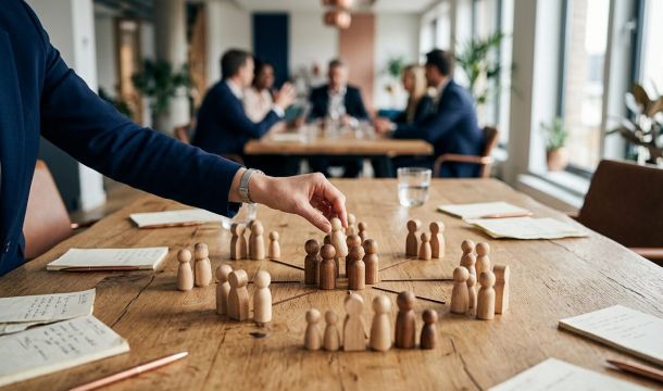Holzfiguren als Organisationsaufstellung auf einem Tisch