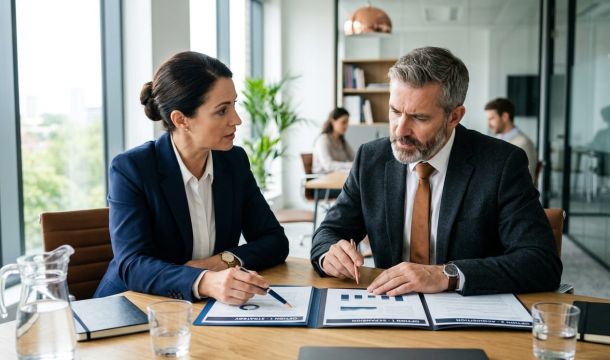 Berater und Unternehmer vergleichen zwei Unterlagen-Ordner
